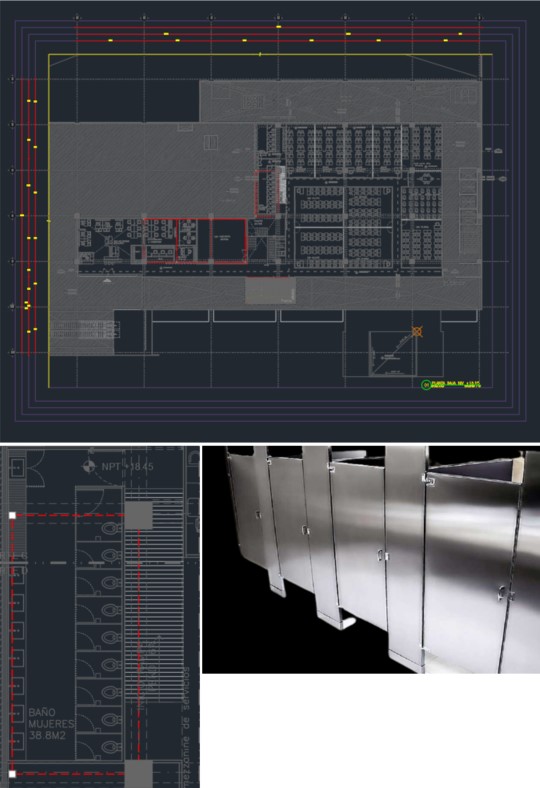 Acondicionamiento en baños, mamparas y puertas de acero inoxidable en baños, en grupo ESTUCO.